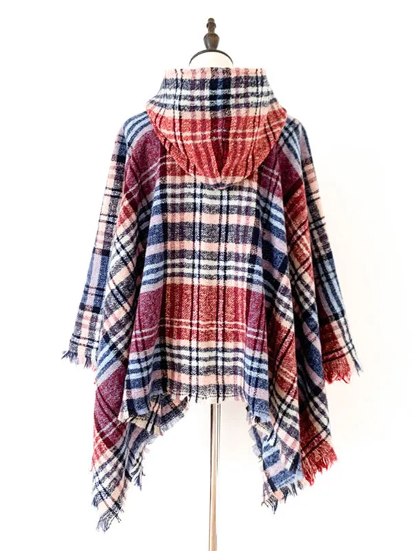 Fringed Hooded Keep Warm Plaid Cape Shawl&Cloak