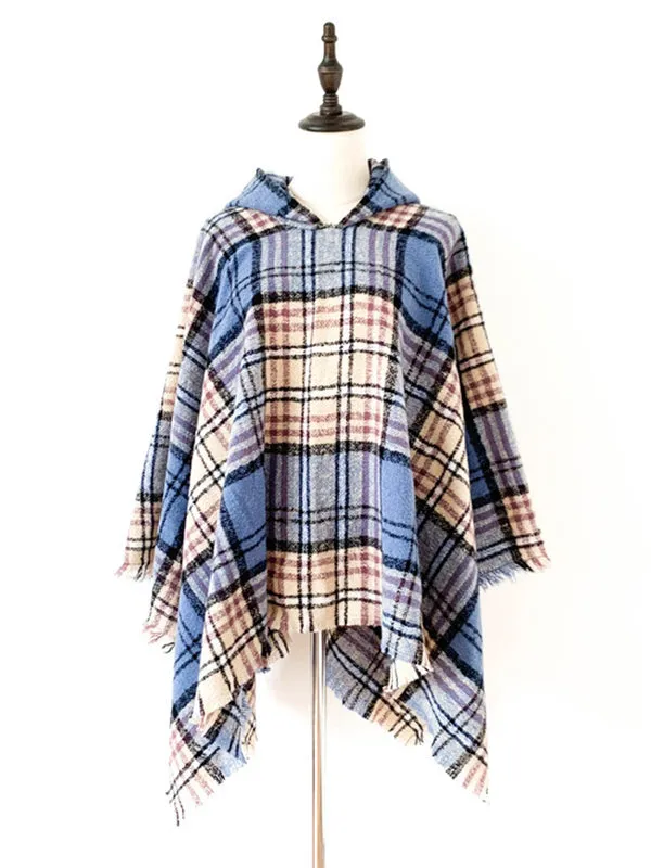 Fringed Hooded Keep Warm Plaid Cape Shawl&Cloak