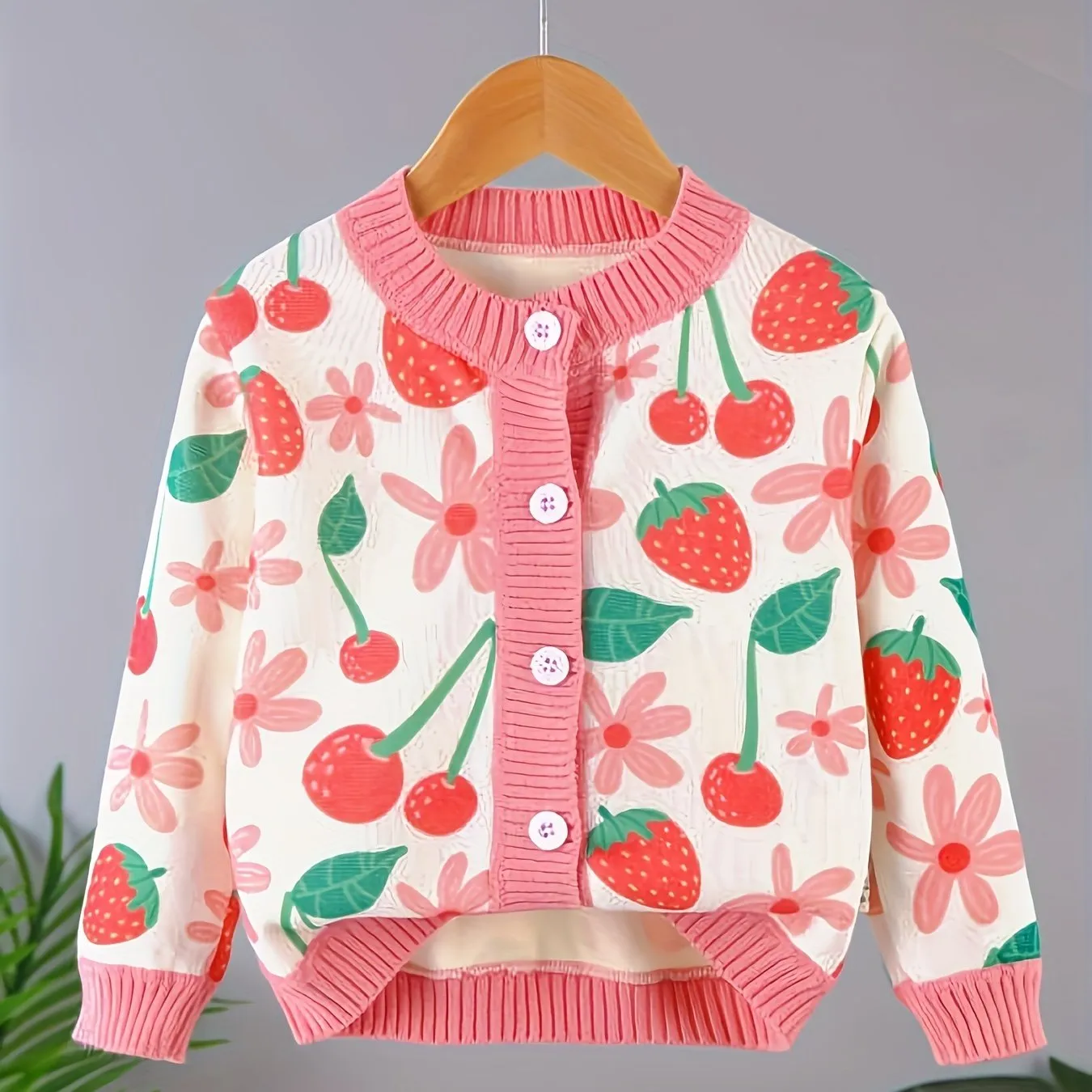 “Girls’ Cute Fruit Pattern Cardigan with Thermal Lining | Cozy & Stylish”