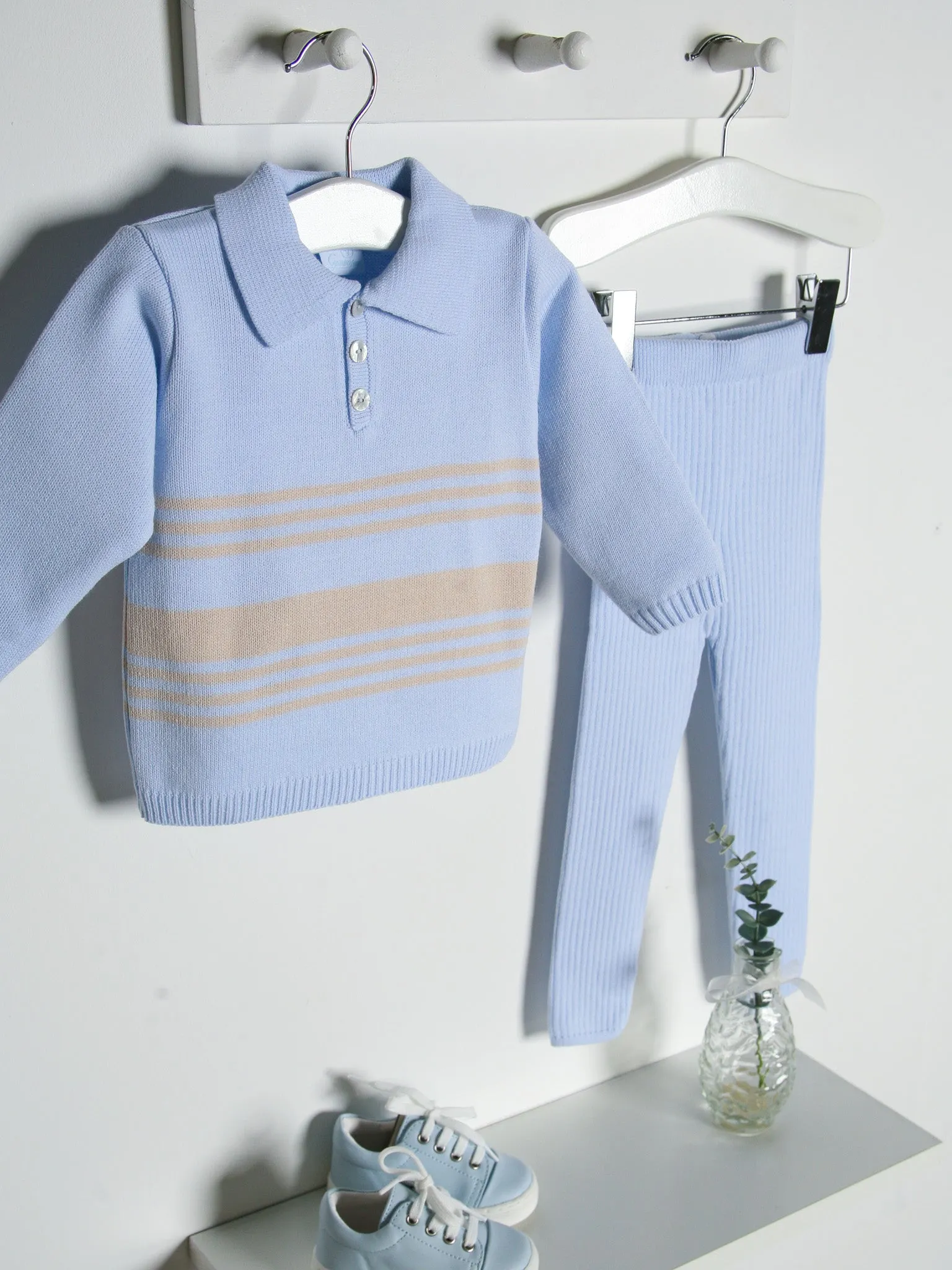 Granlei blue & beige stripe knitted polo collar suit