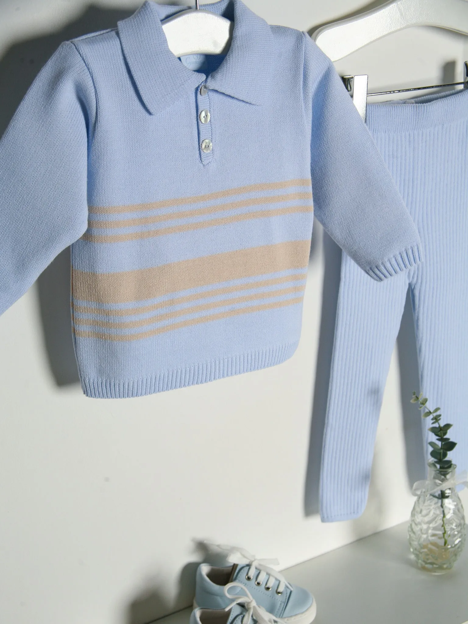 Granlei blue & beige stripe knitted polo collar suit