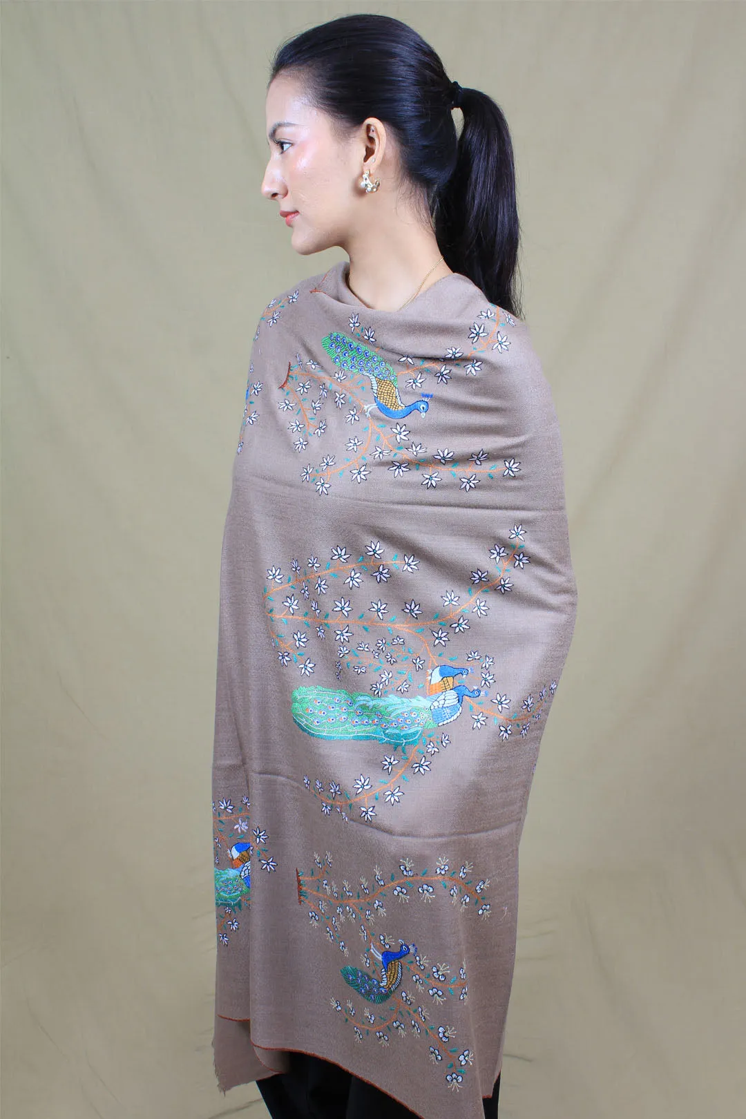 Harleen Beige Taupe Peacock Embroidered Pashmina Shawl