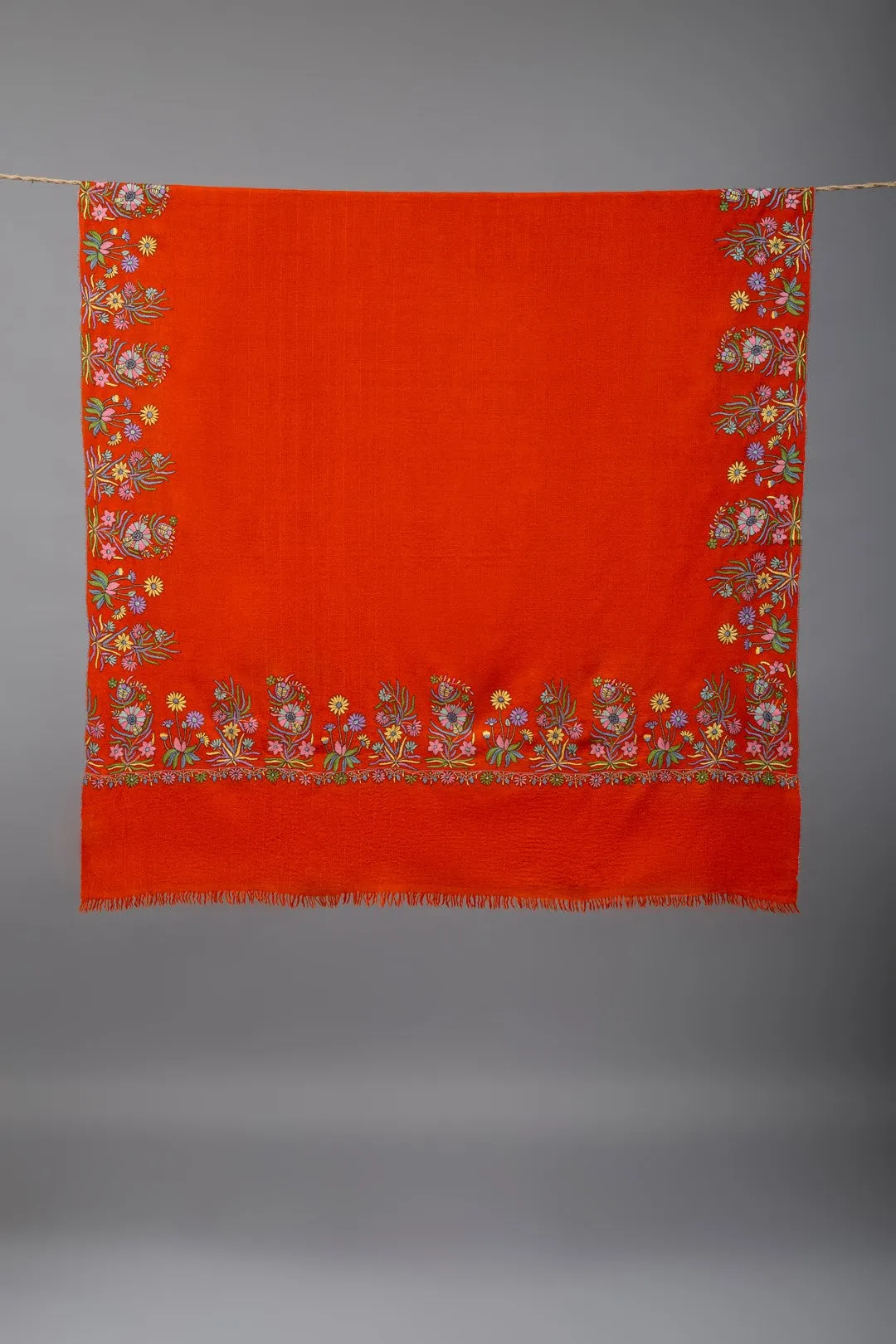 Husn-e-Baiz Bright Orange Floral Dourdar Pashmina Shawl