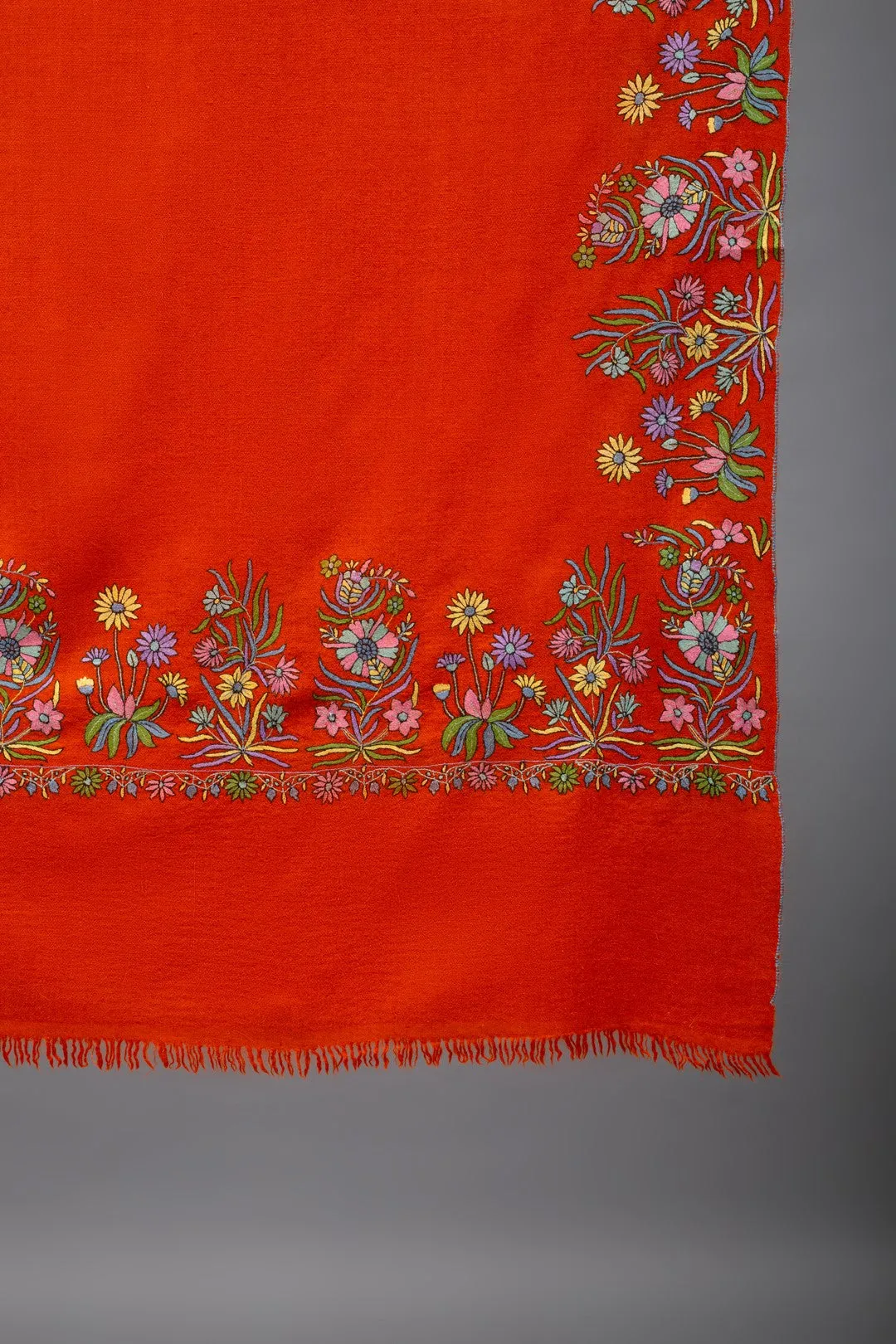 Husn-e-Baiz Bright Orange Floral Dourdar Pashmina Shawl