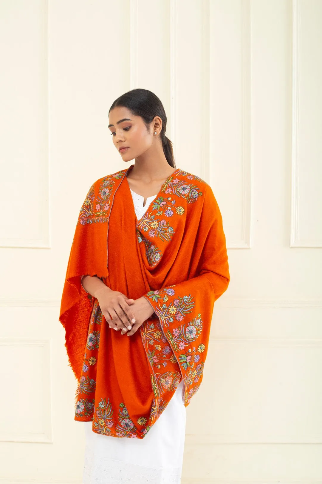 Husn-e-Baiz Bright Orange Floral Dourdar Pashmina Shawl