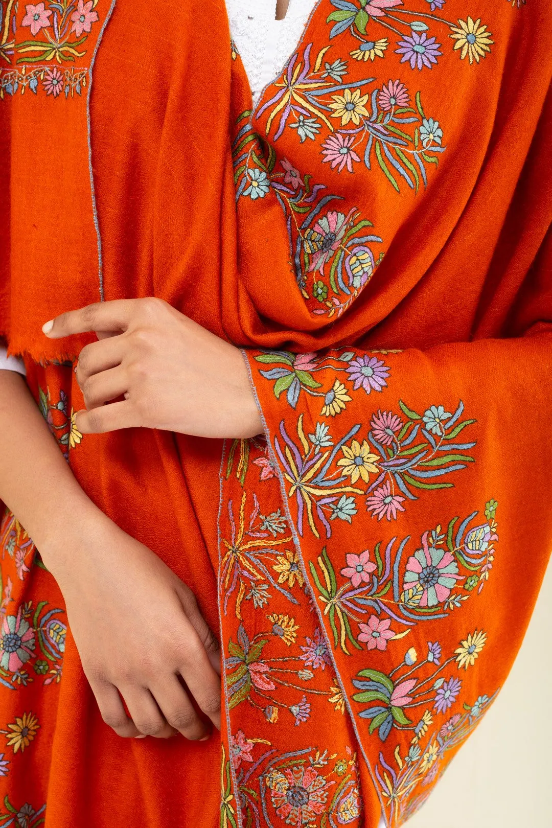 Husn-e-Baiz Bright Orange Floral Dourdar Pashmina Shawl