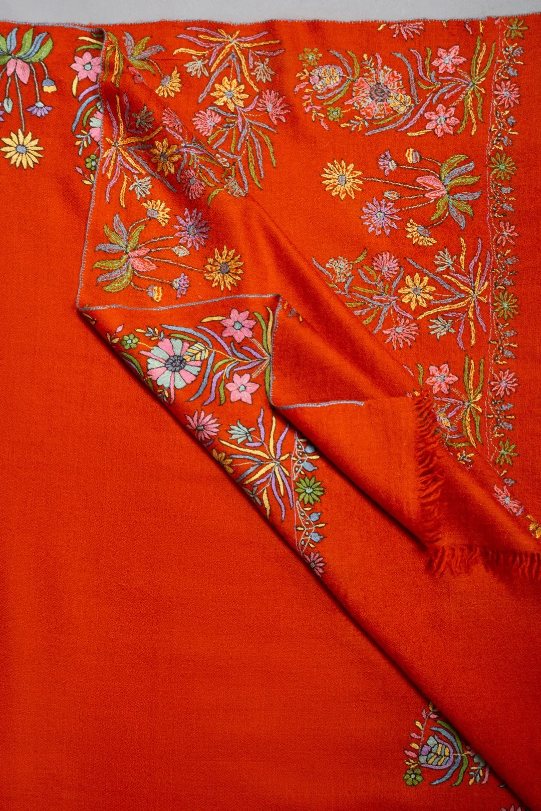 Husn-e-Baiz Bright Orange Floral Dourdar Pashmina Shawl