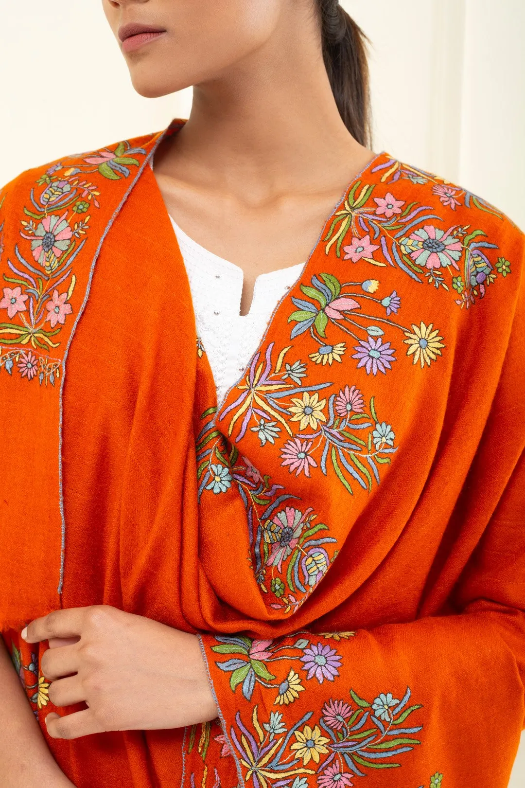 Husn-e-Baiz Bright Orange Floral Dourdar Pashmina Shawl