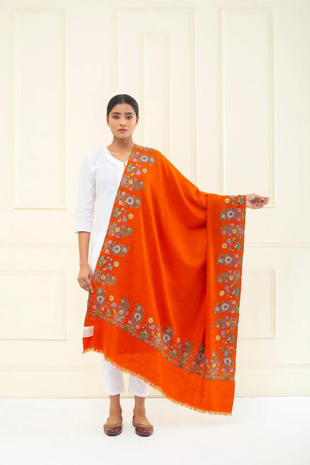 Husn-e-Baiz Bright Orange Floral Dourdar Pashmina Shawl