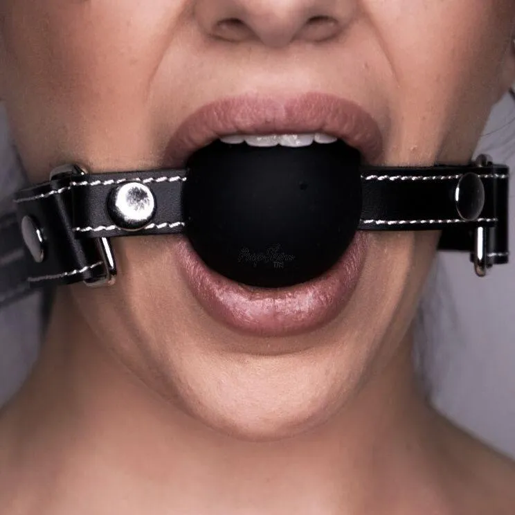 Leather Edge Black Silicone Ball Gag by Sportsheets