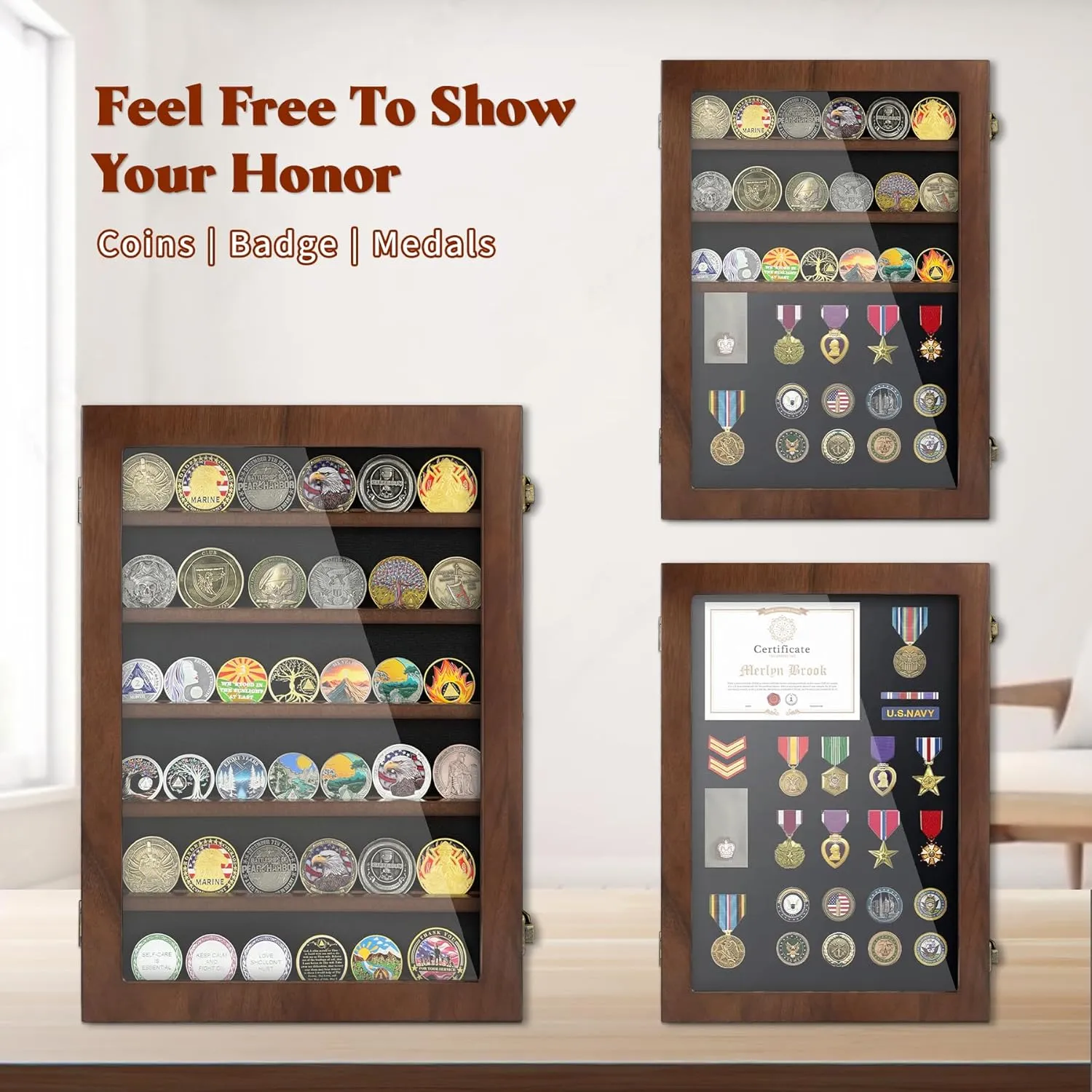 Lockable Wooden Military Challenge Coin Display Cabinet