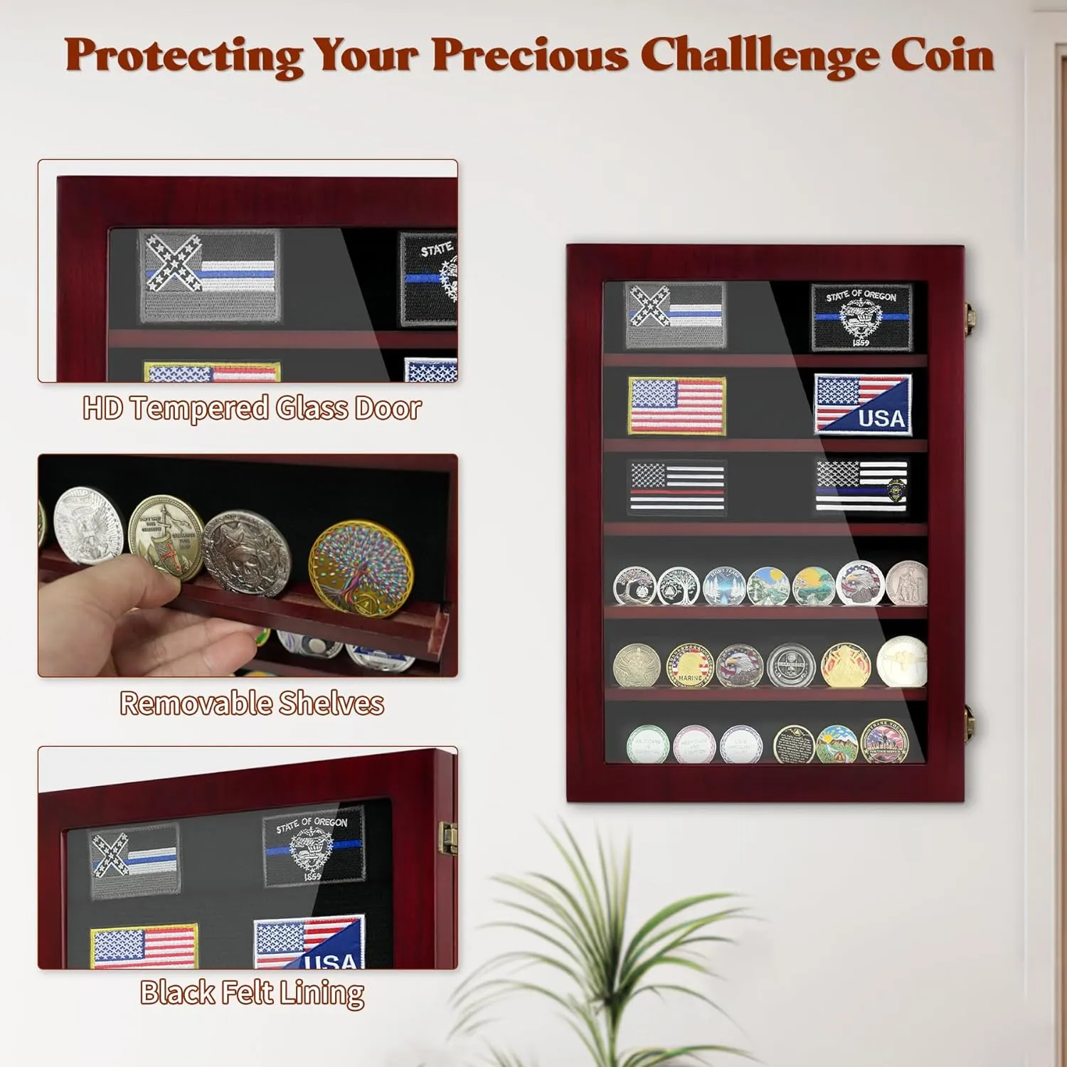 Lockable Wooden Military Challenge Coin Display Cabinet