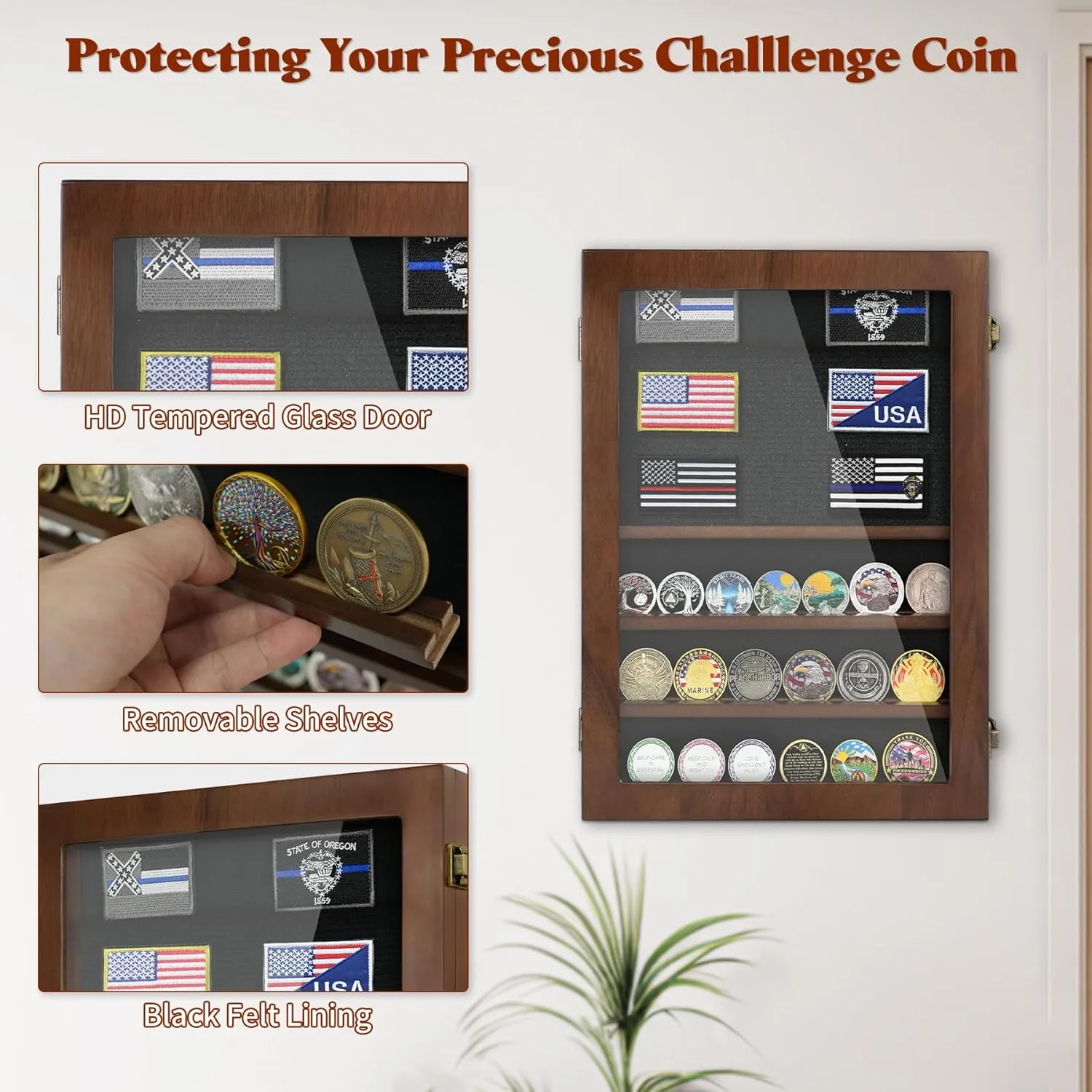 Lockable Wooden Military Challenge Coin Display Cabinet