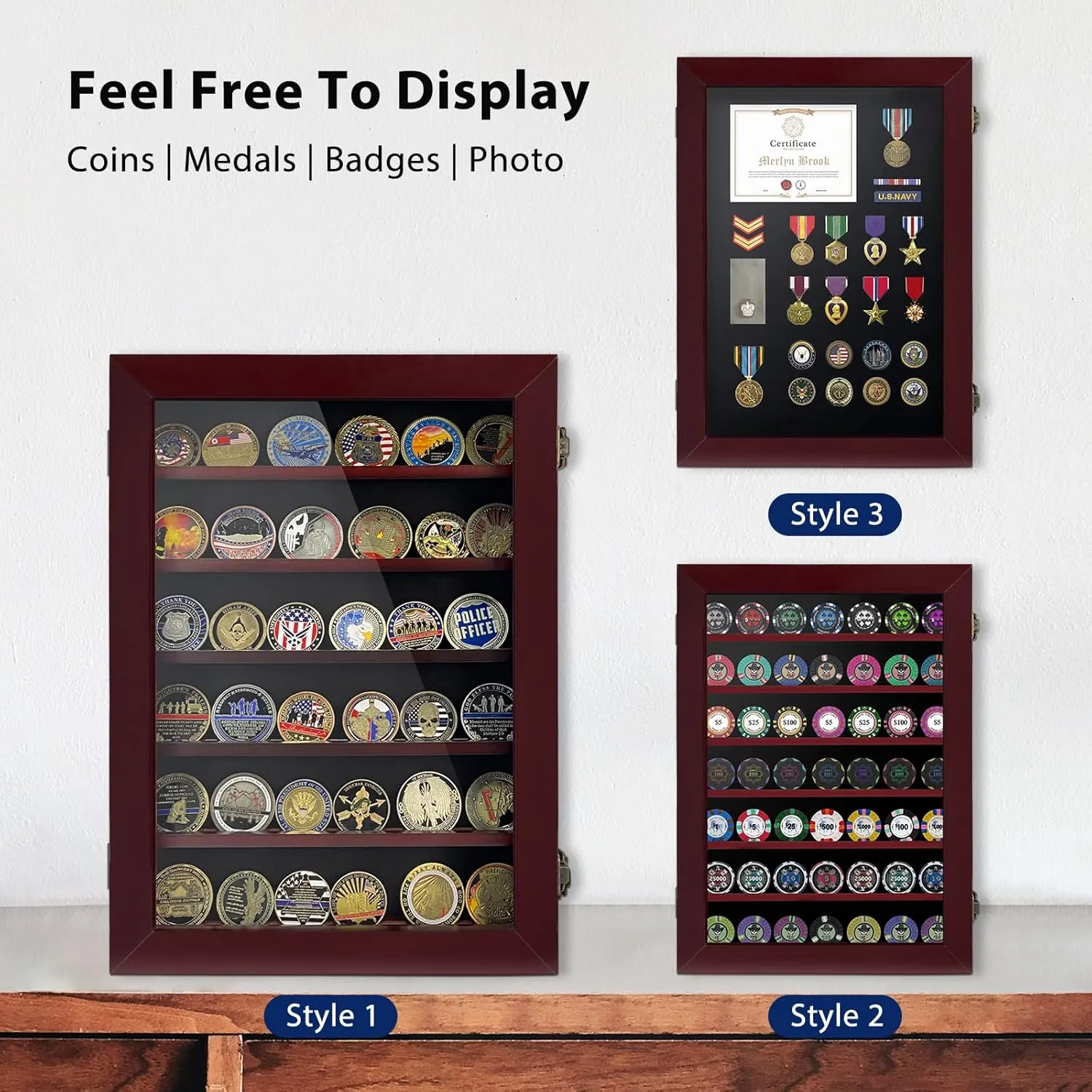 Lockable Wooden Military Challenge Coin Display Cabinet