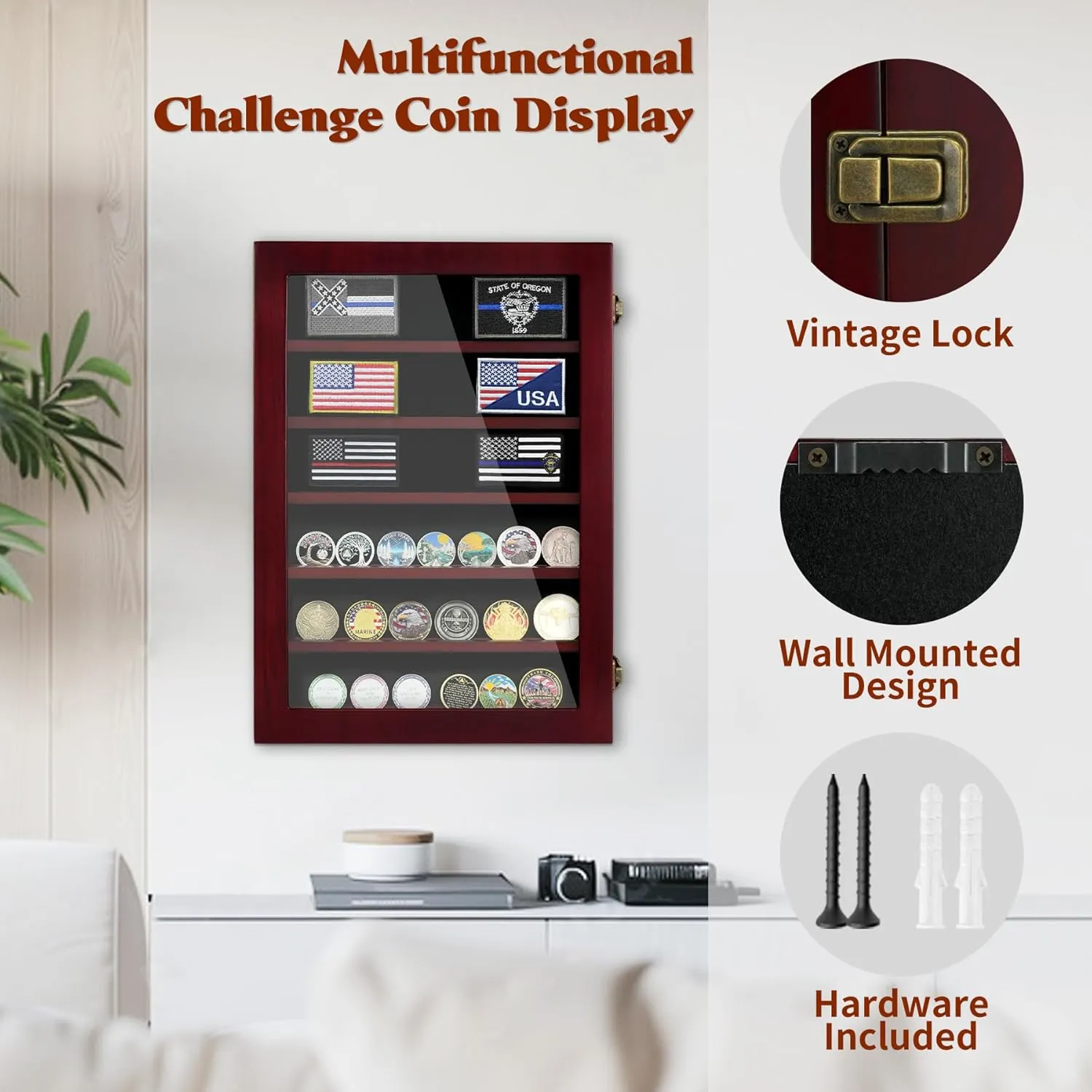 Lockable Wooden Military Challenge Coin Display Cabinet