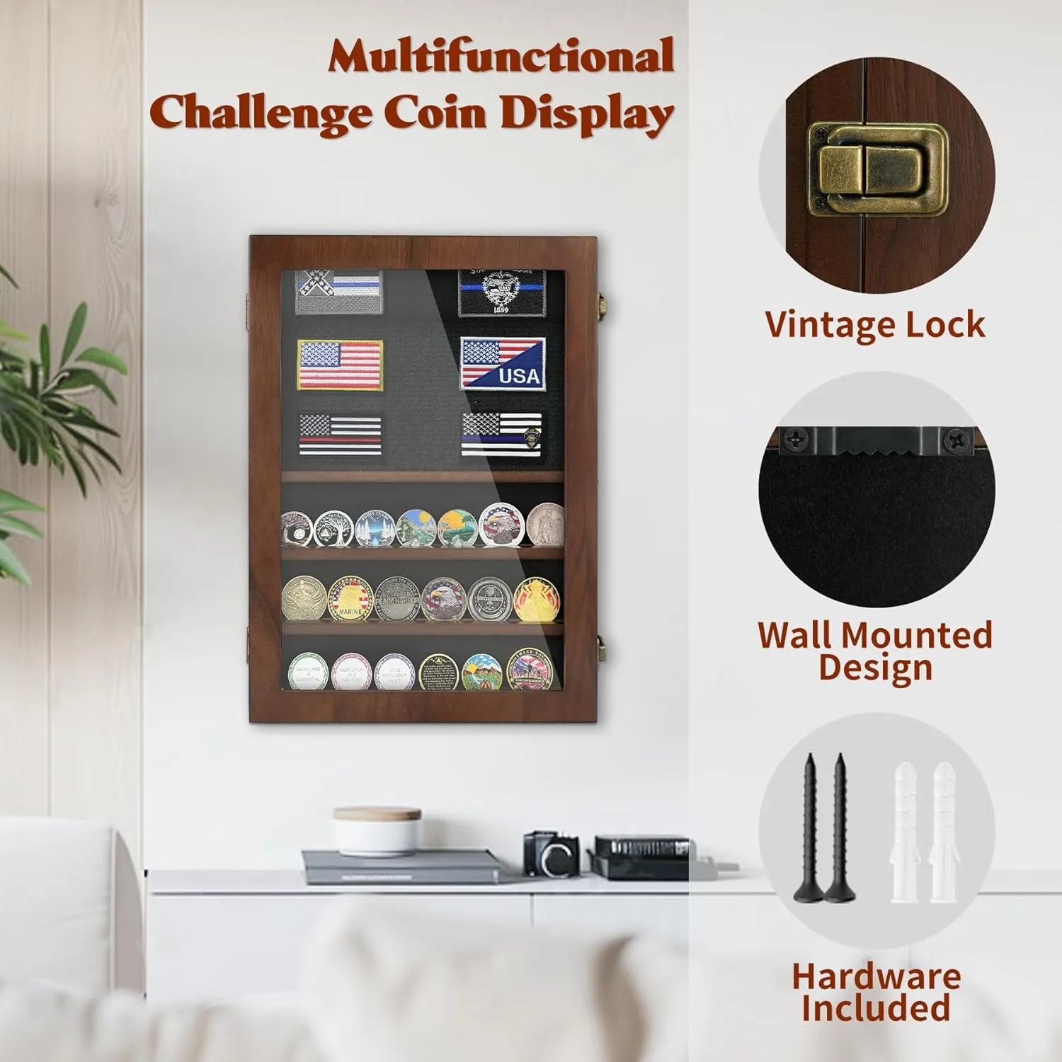 Lockable Wooden Military Challenge Coin Display Cabinet