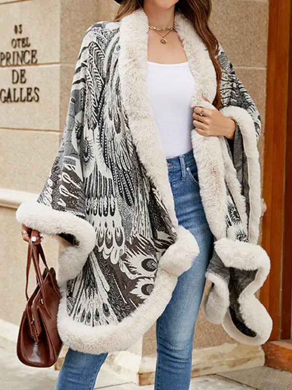 Long Sleeves Loose Jacquard Keep Warm Velvet Collarless Cape Shawl