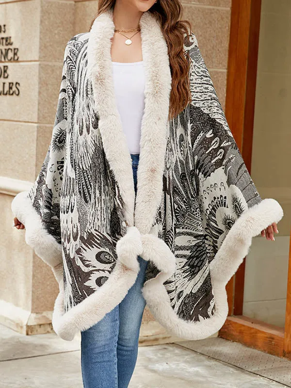 Long Sleeves Loose Jacquard Keep Warm Velvet Collarless Cape Shawl