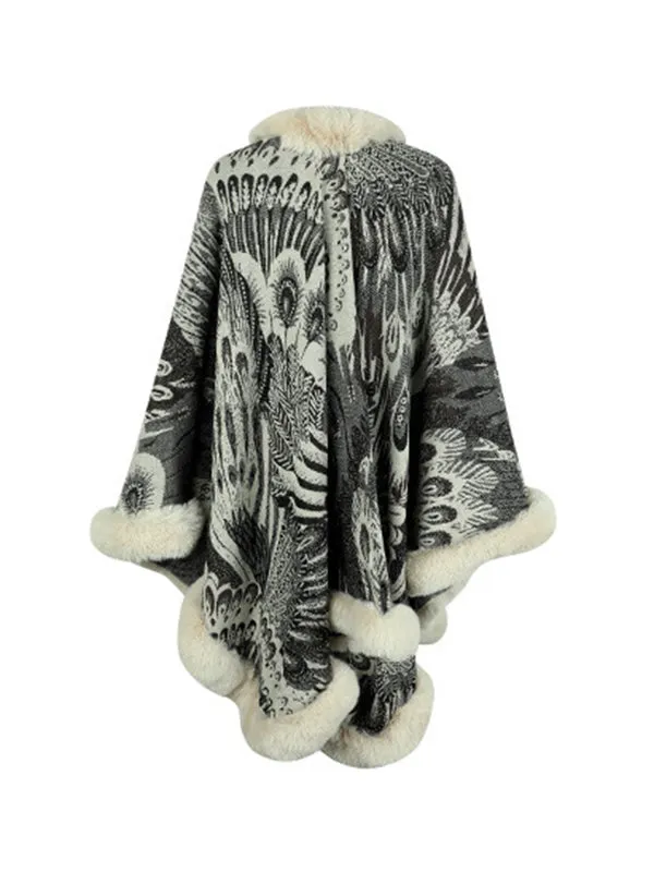 Long Sleeves Loose Jacquard Keep Warm Velvet Collarless Cape Shawl