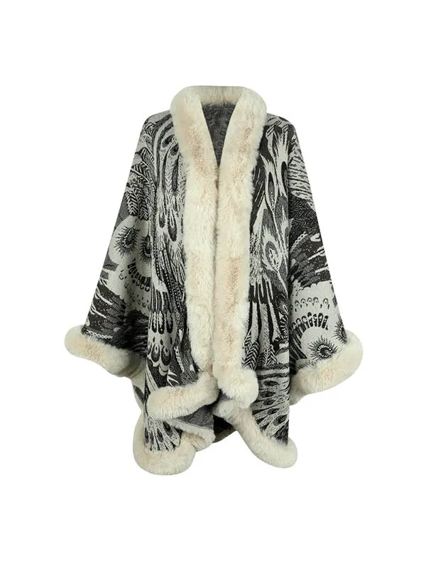 Long Sleeves Loose Jacquard Keep Warm Velvet Collarless Cape Shawl