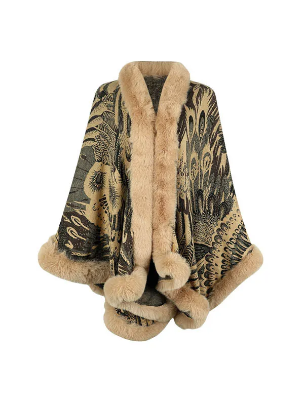 Long Sleeves Loose Jacquard Keep Warm Velvet Collarless Cape Shawl