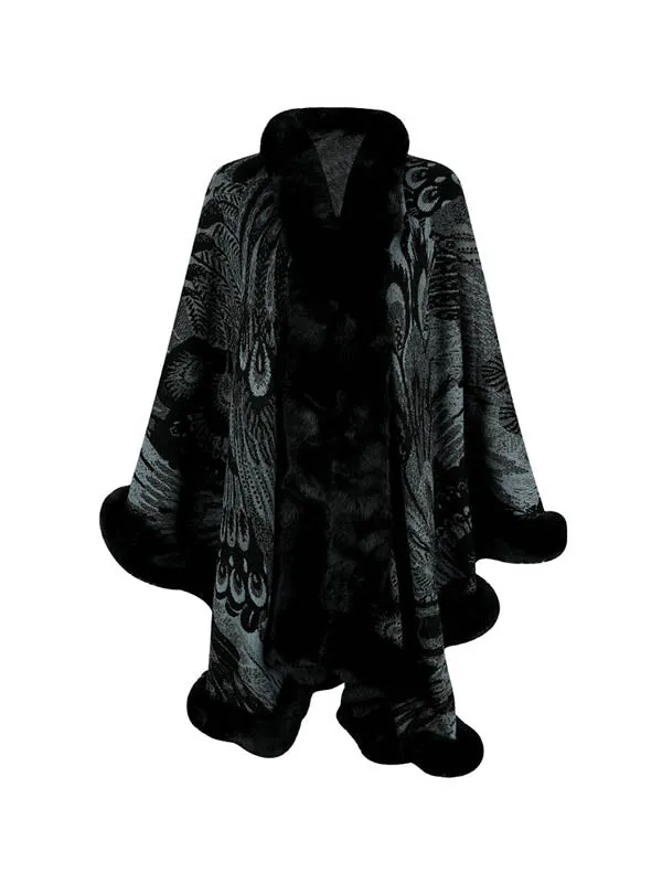 Long Sleeves Loose Jacquard Keep Warm Velvet Collarless Cape Shawl