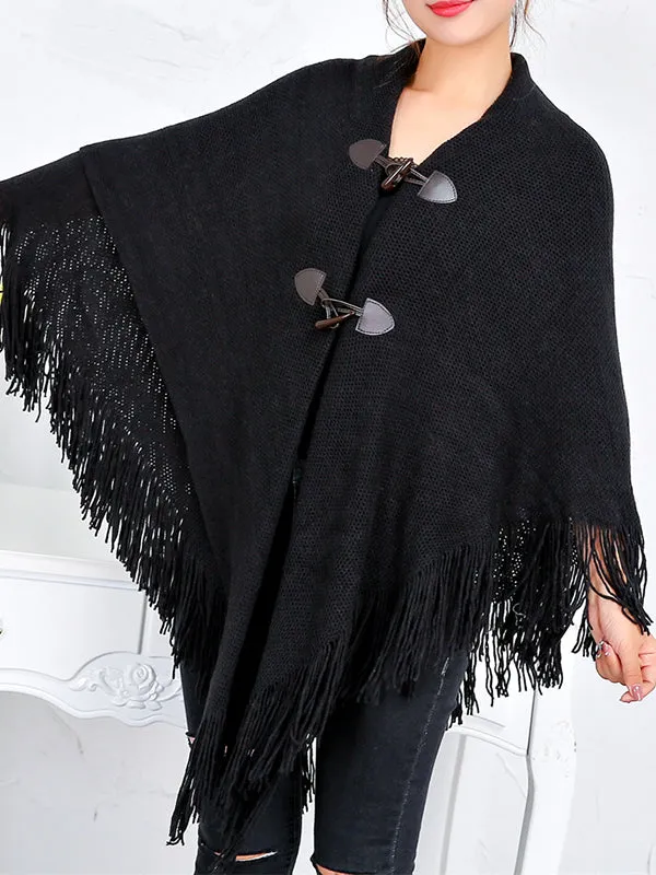 Loose Buttoned Keep Warm Tasseled Velvet Shawl&Scarf