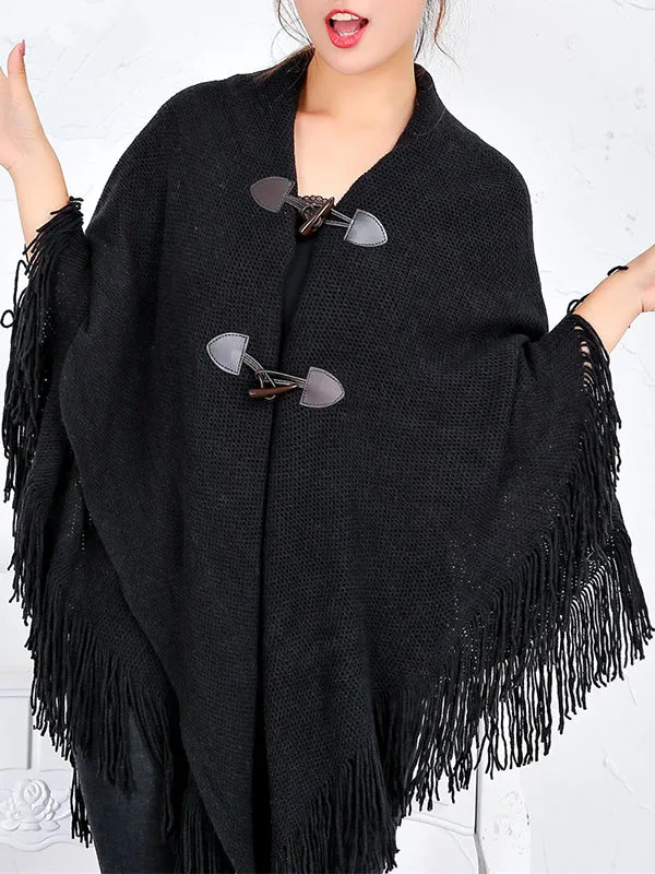 Loose Buttoned Keep Warm Tasseled Velvet Shawl&Scarf