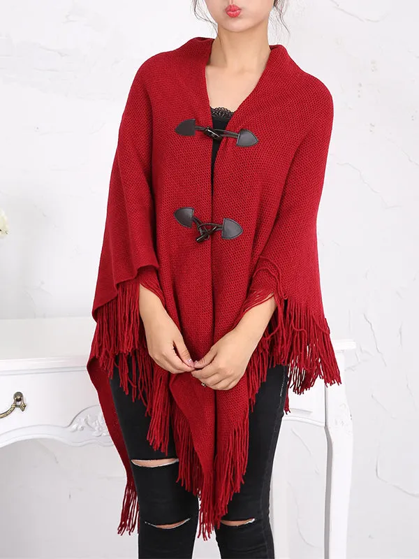 Loose Buttoned Keep Warm Tasseled Velvet Shawl&Scarf