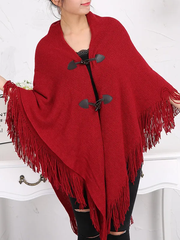 Loose Buttoned Keep Warm Tasseled Velvet Shawl&Scarf