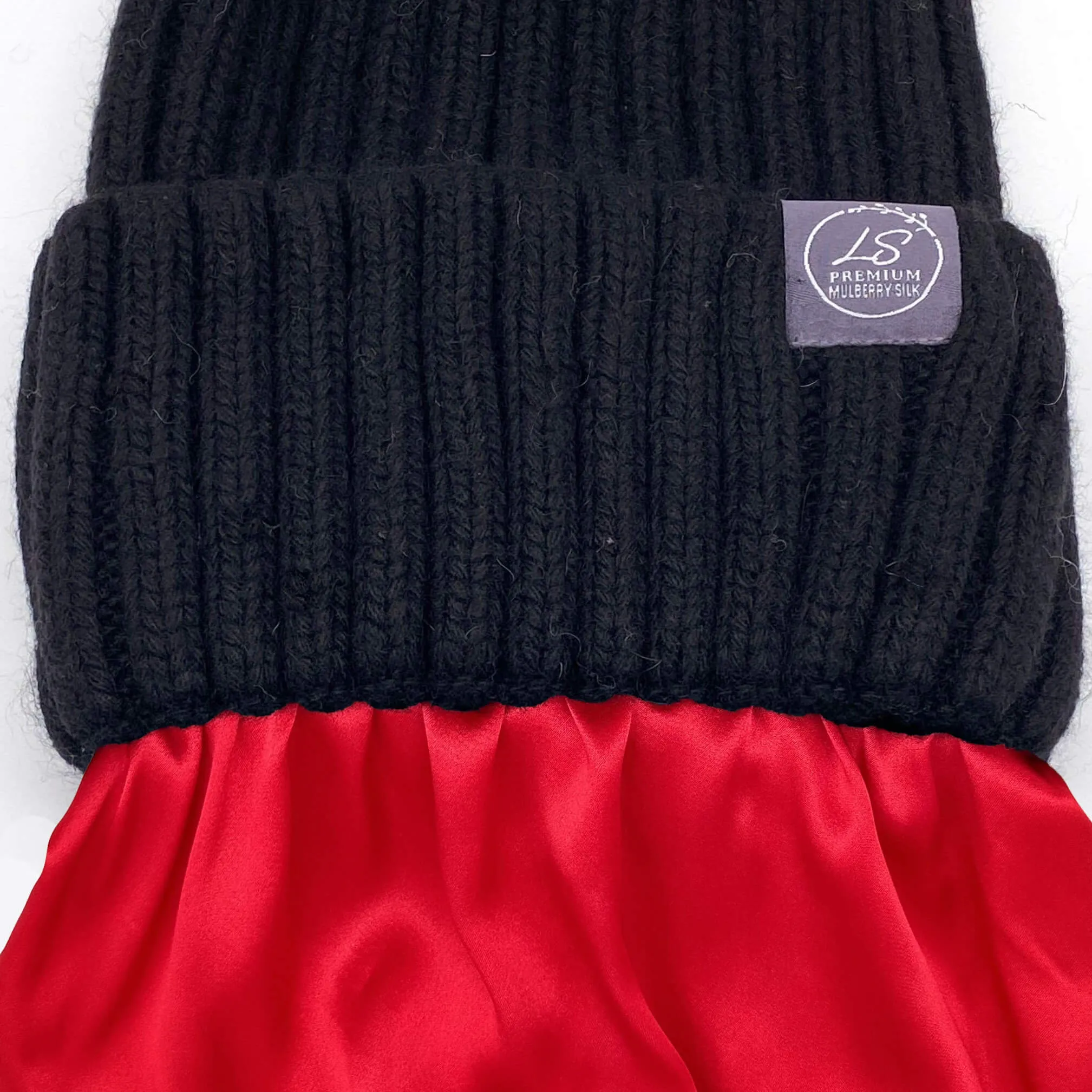 Mulberry Silk-Lined Classic Ribbed Pattern Cashmere Beanie Hat With Removable Pom Pom - Black