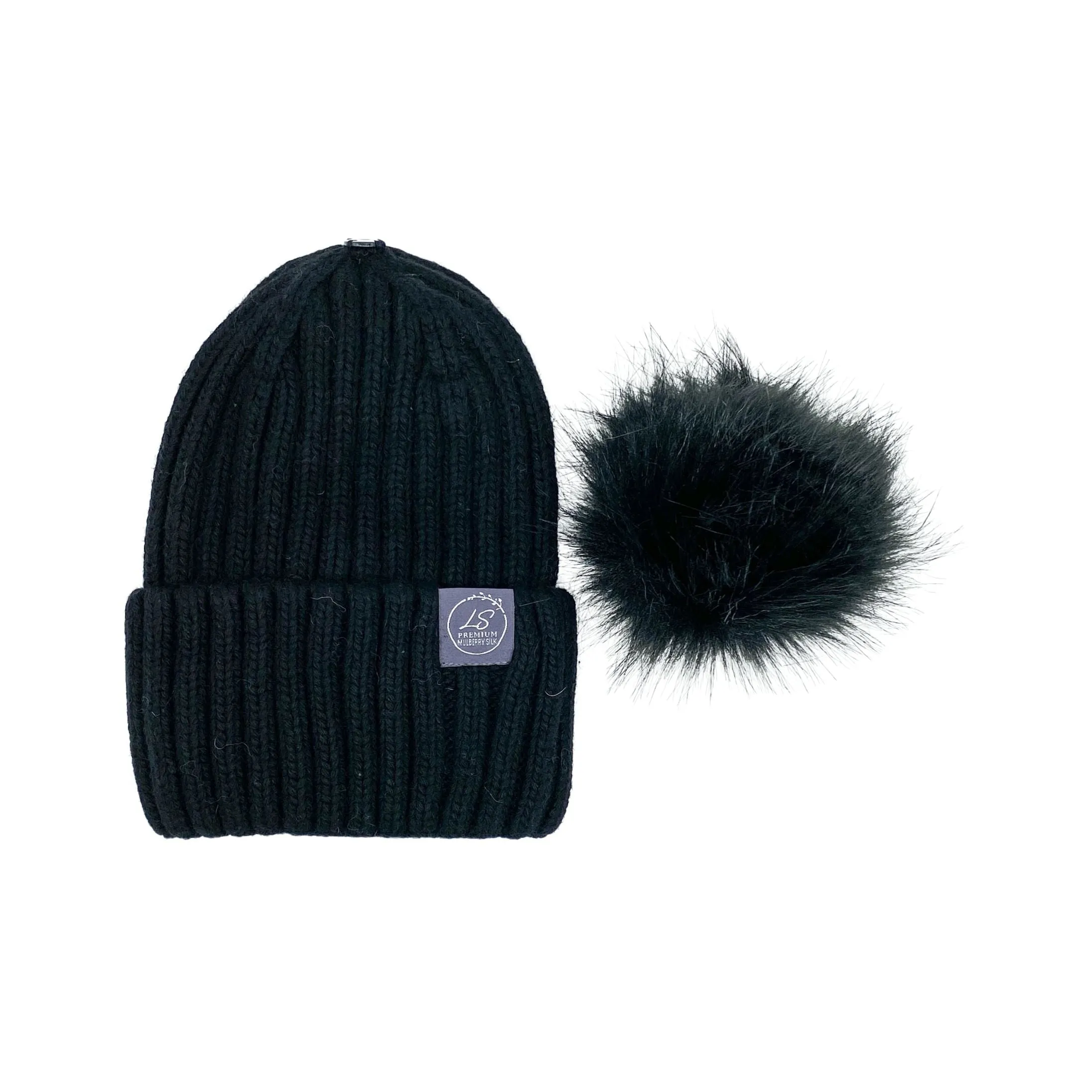 Mulberry Silk-Lined Classic Ribbed Pattern Cashmere Beanie Hat With Removable Pom Pom - Black