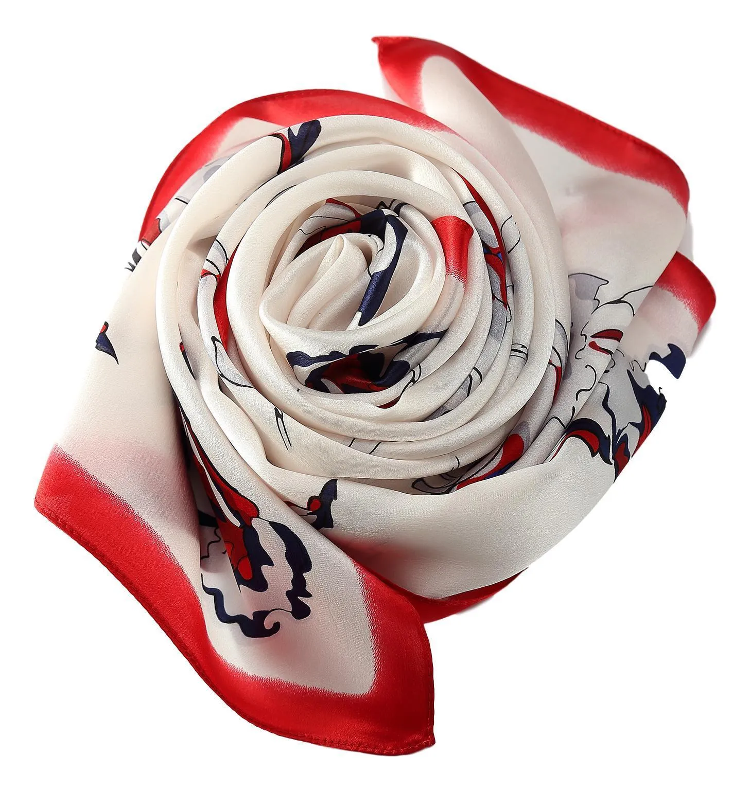 Red and White Print Silk Long Scarf