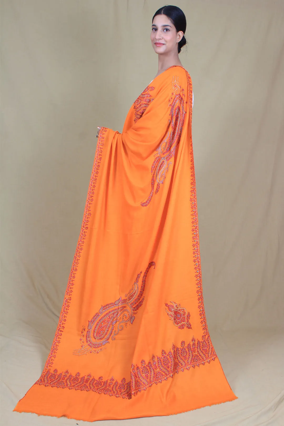 Shireen Tangerine Orange Paldar Embroidered Pashmina Shawl