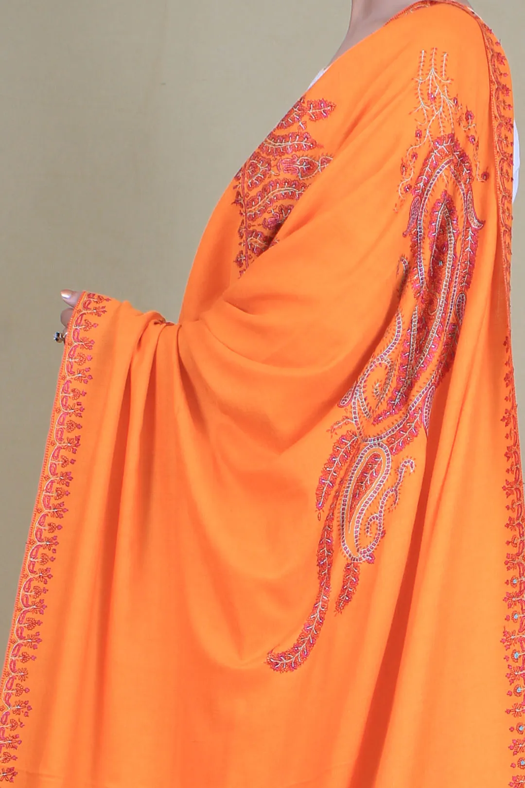 Shireen Tangerine Orange Paldar Embroidered Pashmina Shawl