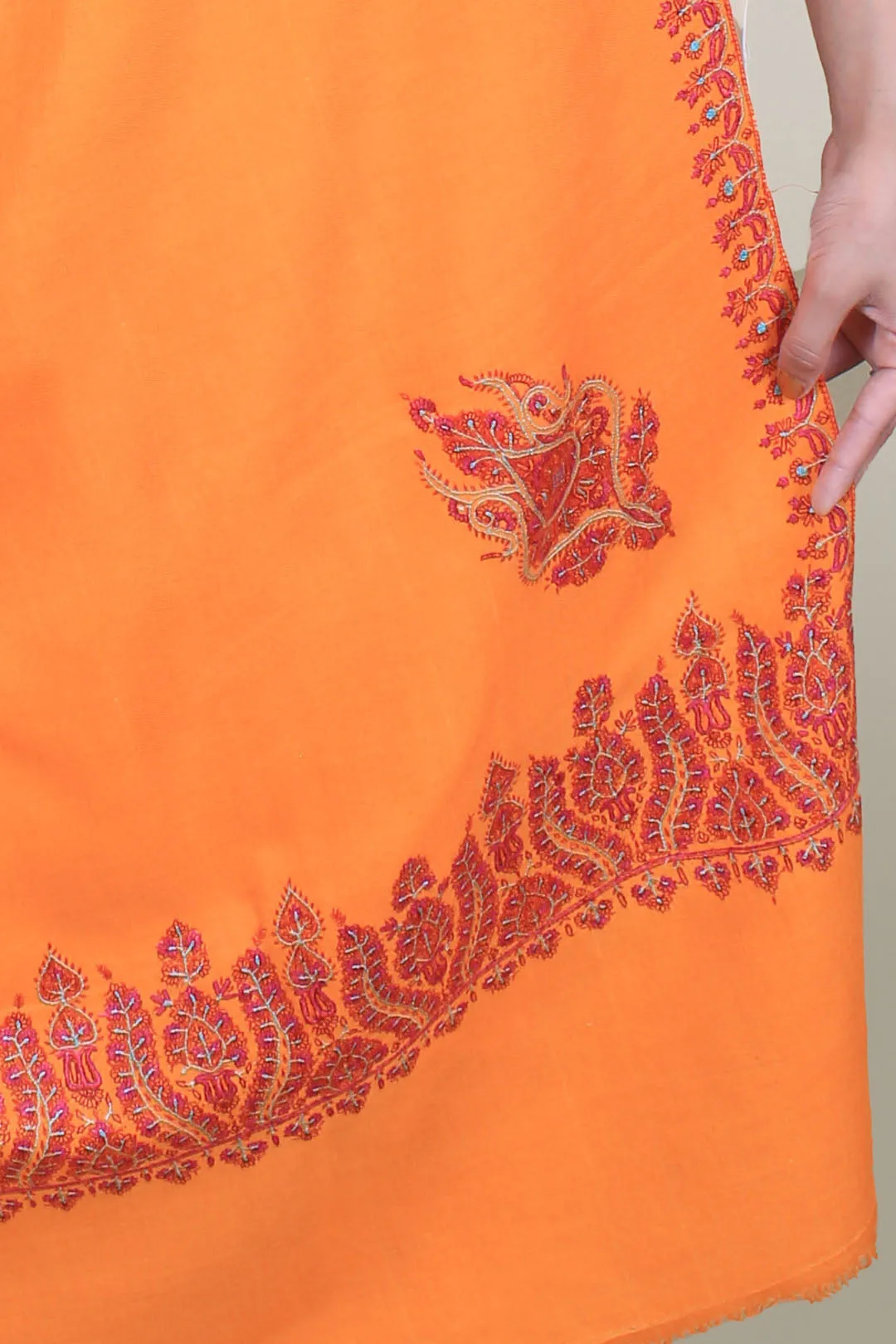 Shireen Tangerine Orange Paldar Embroidered Pashmina Shawl