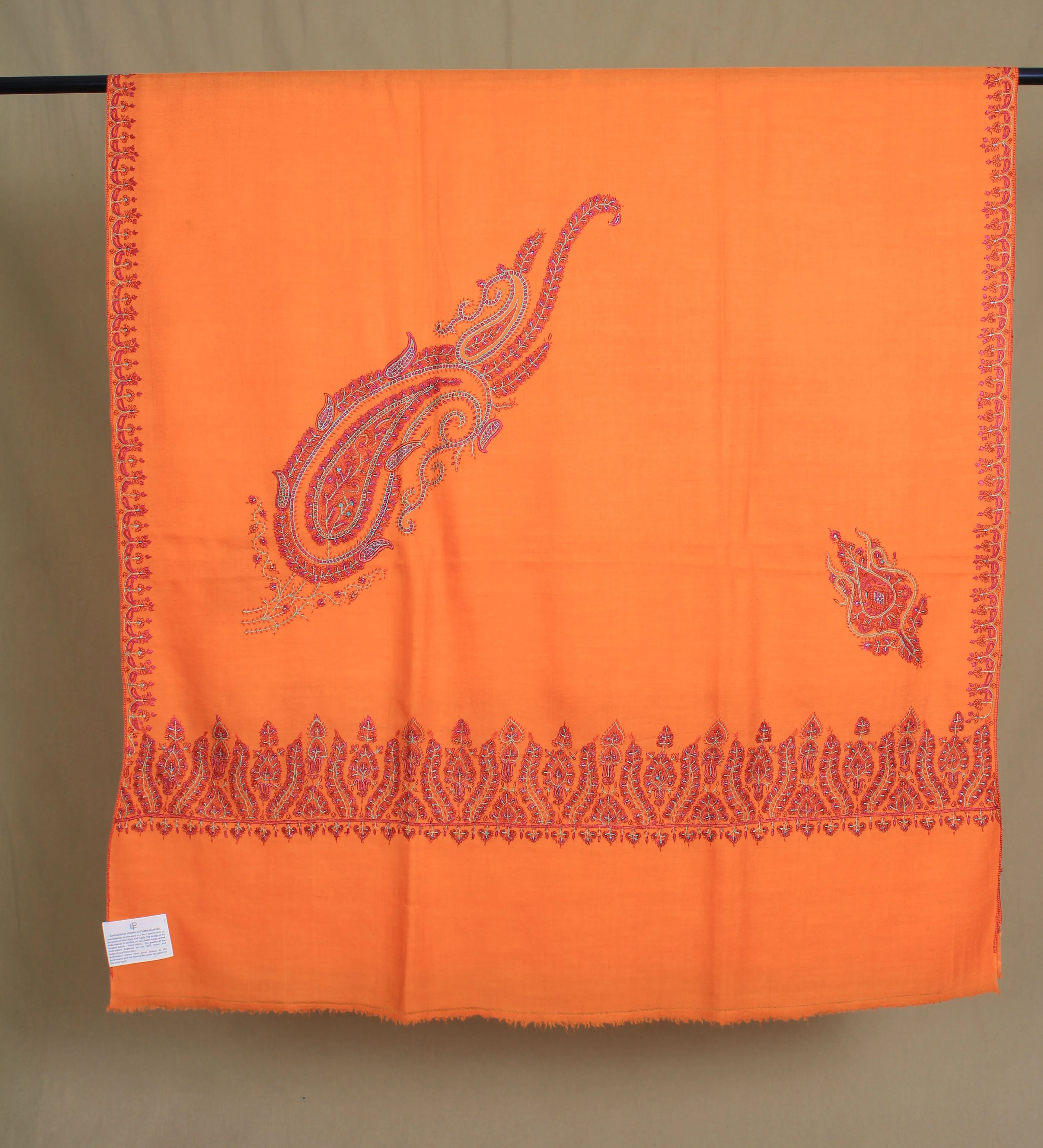 Shireen Tangerine Orange Paldar Embroidered Pashmina Shawl