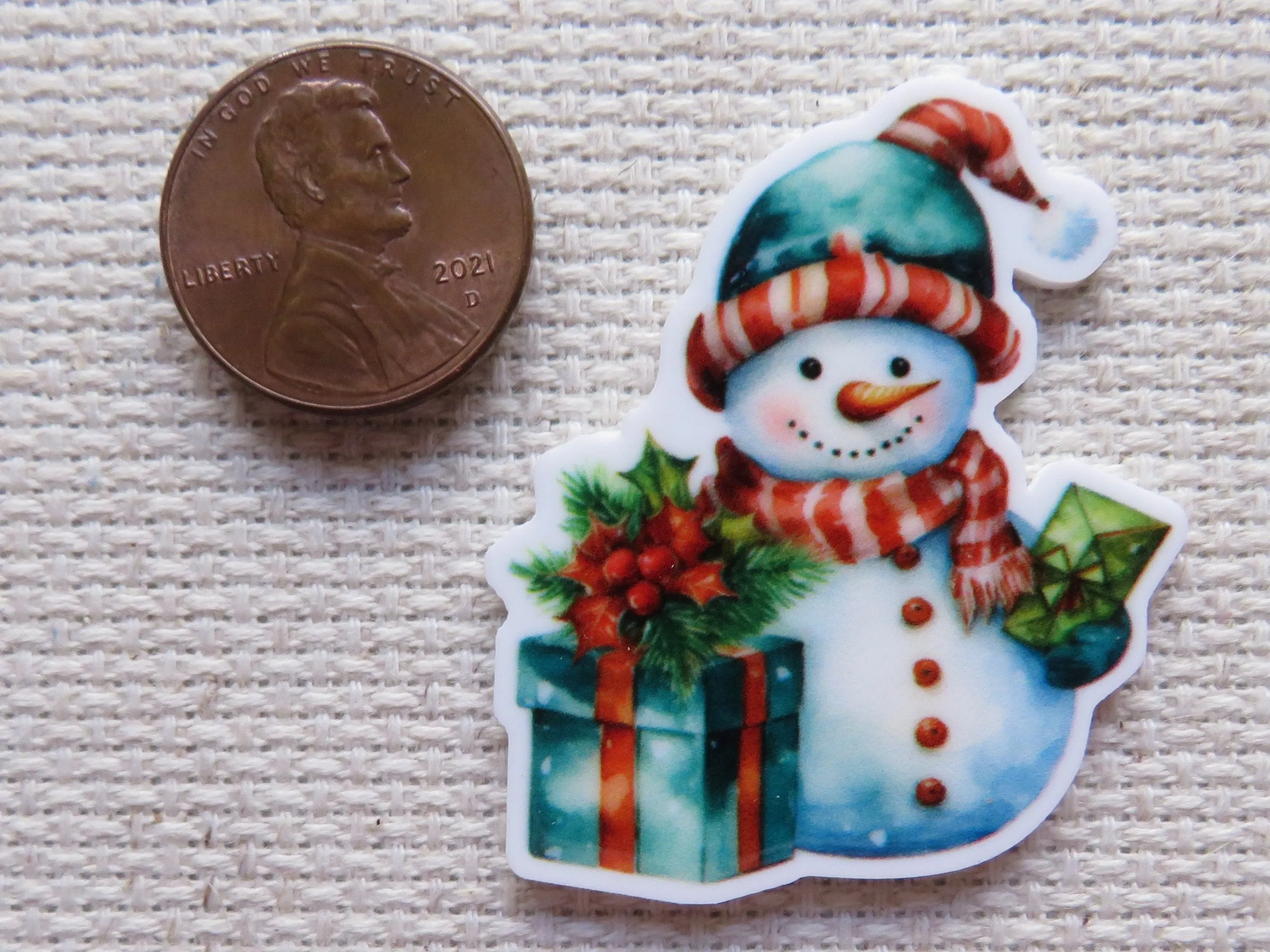 Snowman Standing with a Gift Needle Minder, Cover Minder, Magnet