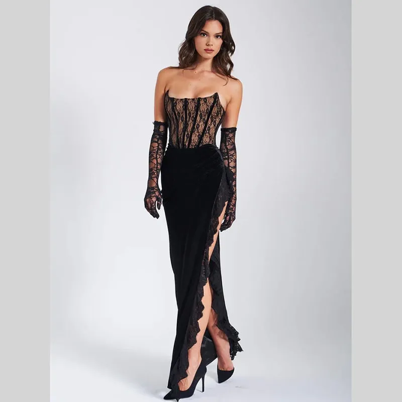 Strapless Velvet Dress with Frill Slit