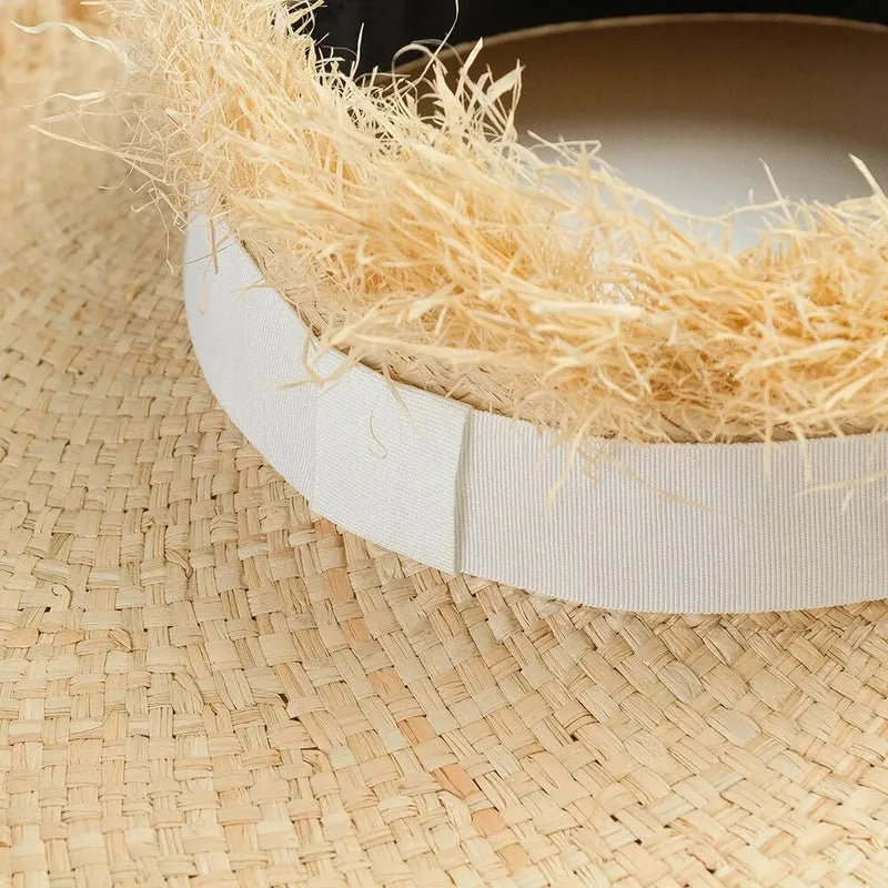 Sun Hat with Ponytail Hole, Raffia Straw and Frayed Edges