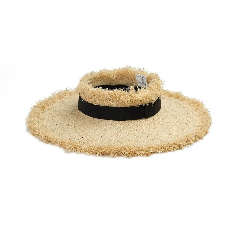 Sun Hat with Ponytail Hole, Raffia Straw and Frayed Edges