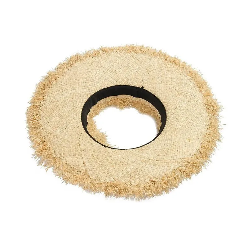 Sun Hat with Ponytail Hole, Raffia Straw and Frayed Edges