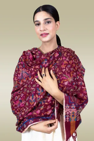 Tawakkul Berry Red Floral Kani Jamavar Pashmina Shawl