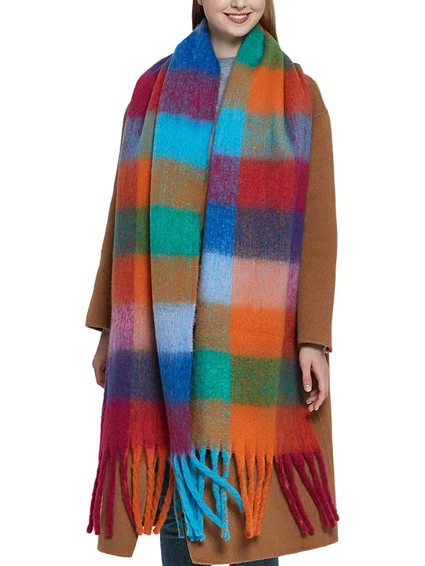 Thick Keep Warm Multi-Colored Plaid Tasseled Shawl&Scarf