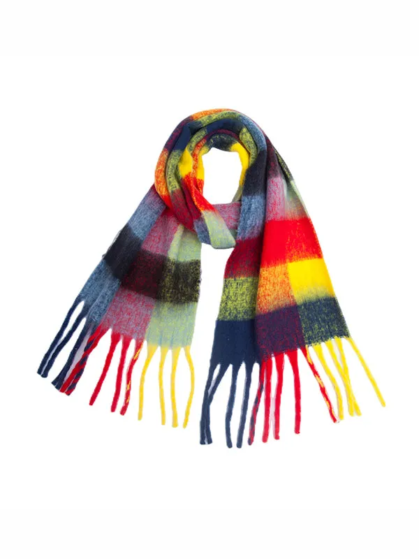 Thick Keep Warm Multi-Colored Plaid Tasseled Shawl&Scarf