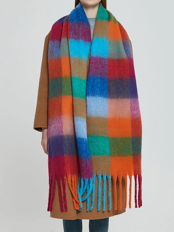 Thick Keep Warm Multi-Colored Plaid Tasseled Shawl&Scarf