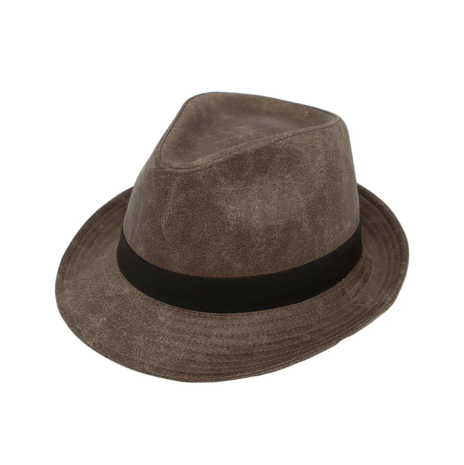 Vintage Fedora Hat Faux Leather Short Brim with Band GN61331