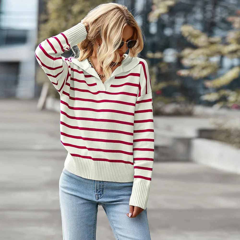 Women Striped Long Sleeve Pullover Sweater Casual Loose Polo V Neck Color Block Lightweight Knitted Fall Shirts Tops