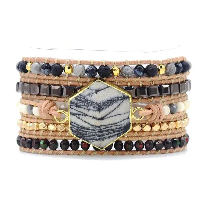 Zebra Stone Leather Bangle Bracelet